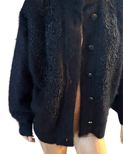 Elegant Vintage Unique Black Embroidered Women's Angora Rabbit Jacket cardigan