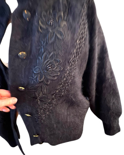 Elegant Vintage Unique Black Embroidered Women's Angora Rabbit Jacket cardigan