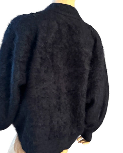 Elegant Vintage Unique Black Embroidered Women's Angora Rabbit Jacket cardigan