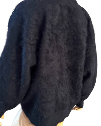Elegant Vintage Unique Black Embroidered Women's Angora Rabbit Jacket cardigan