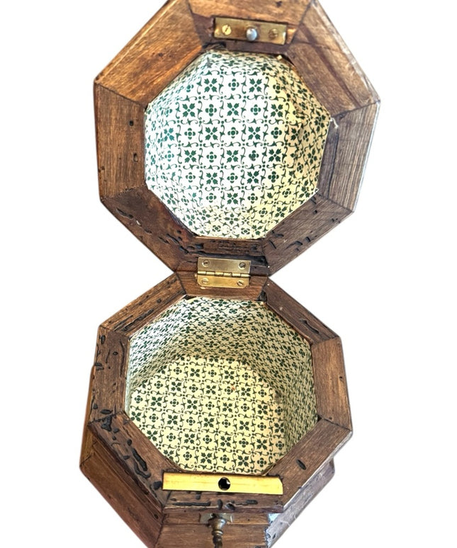 Antique solid wood hand made Wooden Hexagonal locking trinket jewelry Box
