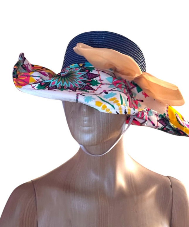 Vintage Handmade fabric & Straw Floral Multicolor Wide Brim Hat