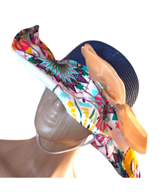 Vintage Handmade fabric & Straw Floral Multicolor Wide Brim Hat