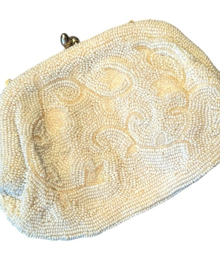 Elegant Vintage 1950s White Micro Beaded Clutch shoulder bag