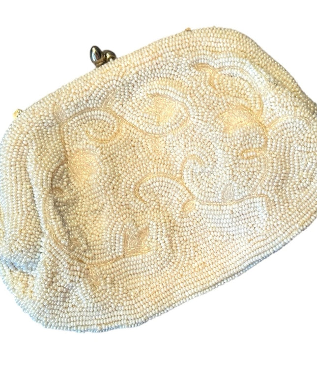 Elegant Vintage 1950s White Micro Beaded Clutch shoulder bag