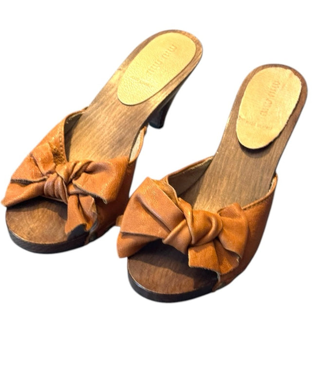 MIU MIU Lovely Wooden Orange Leather MULES Bow Slide Sandals