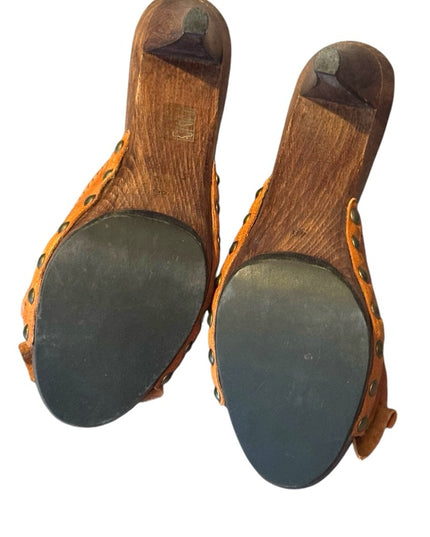 MIU MIU Lovely Wooden Orange Leather MULES Bow Slide Sandals