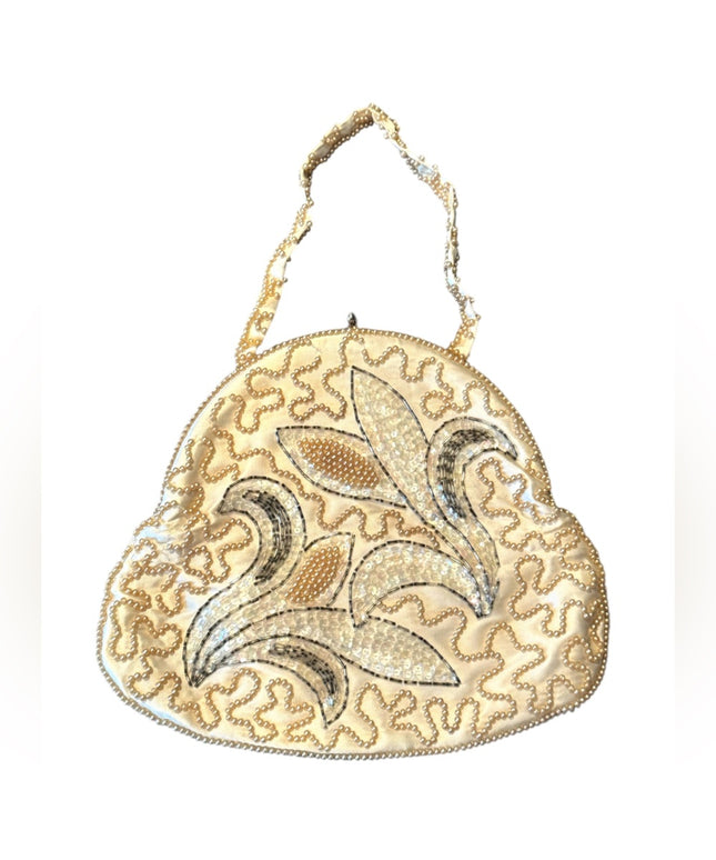 Elegant Antique 1920s Satin Micro Beaded Cream Fancy French wristlet purse