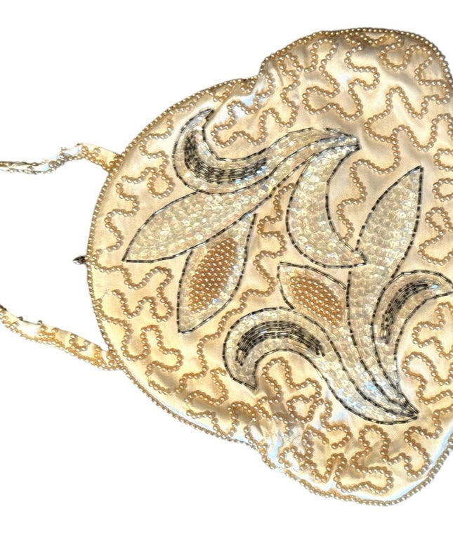 Elegant Antique 1920s Satin Micro Beaded Cream Fancy French wristlet purse
