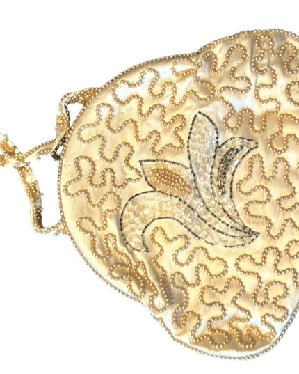 Elegant Antique 1920s Satin Micro Beaded Cream Fancy French wristlet purse