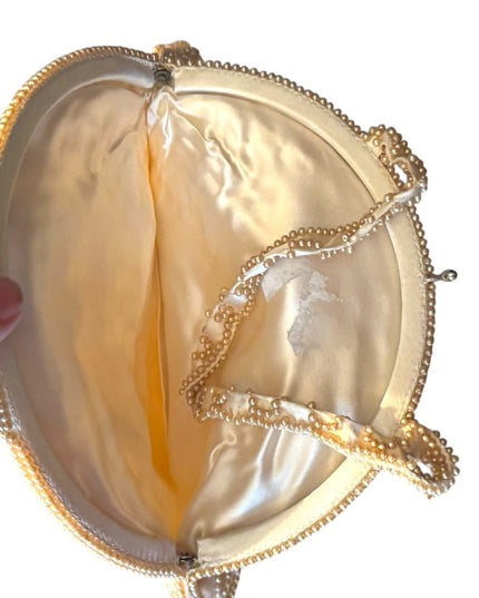 Elegant Antique 1920s Satin Micro Beaded Cream Fancy French wristlet purse