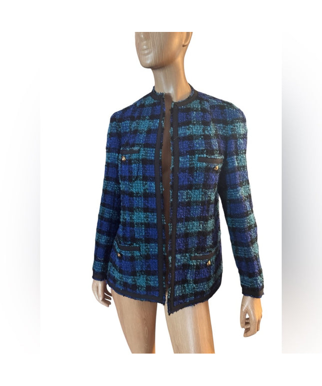 Vintage 1960s Vasmant Paris Holt Renfrew Blue and Green Plaid Tweed Blazer