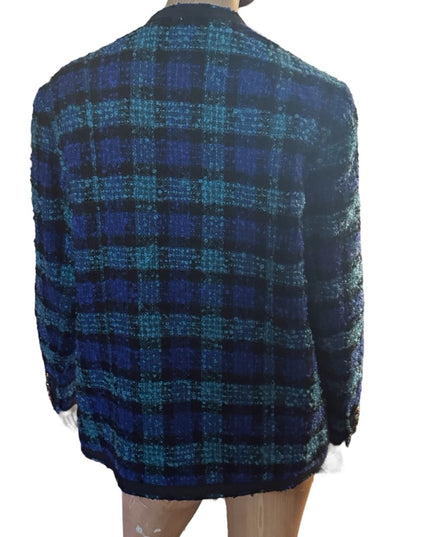 Vintage 1960s Vasmant Paris Holt Renfrew Blue and Green Plaid Tweed Blazer