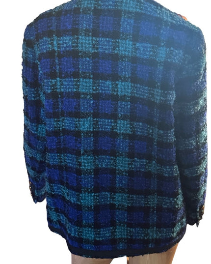 Vintage 1960s Vasmant Paris Holt Renfrew Blue and Green Plaid Tweed Blazer