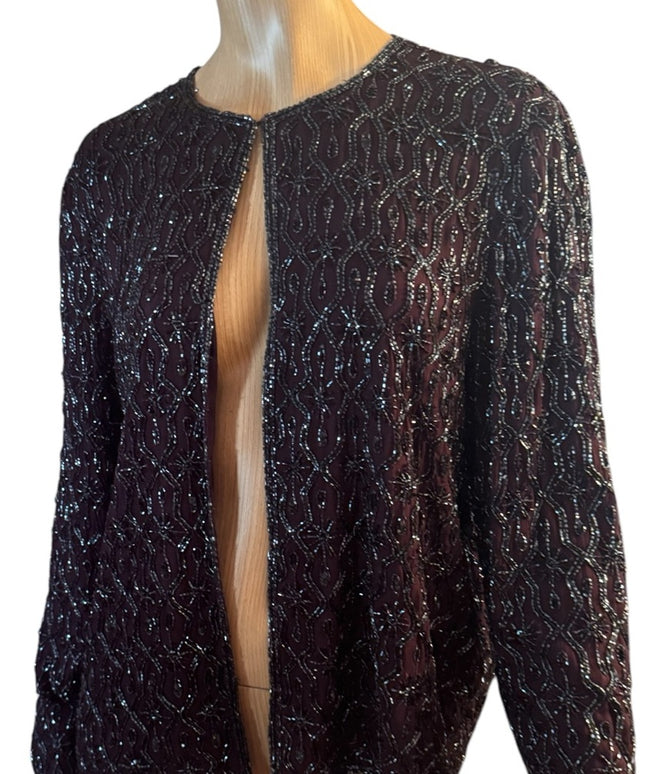 Elegant Vintage Adriana Papell Purple Wine Micro Beaded Blazer Special Occasion