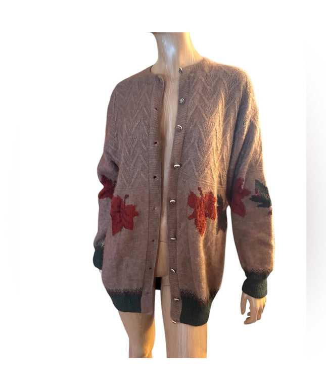 QIVIUK by Nando cardigan NWOT Brown Cashmere Handmade Cardigan Leaf Pattern