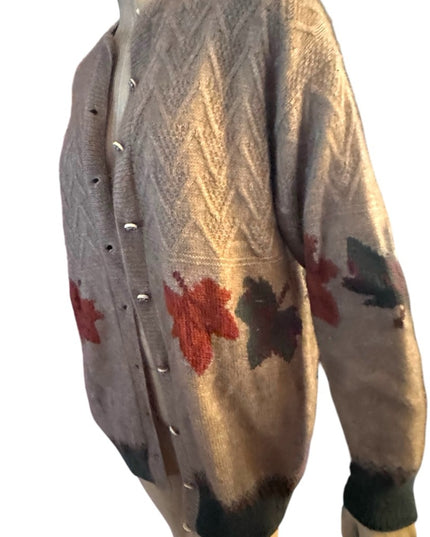 QIVIUK by Nando cardigan NWOT Brown Cashmere Handmade Cardigan Leaf Pattern