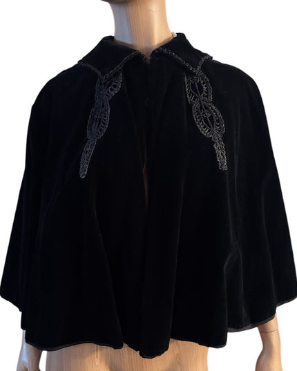 Antique 1890s black caplet, Victorian French Micro Bead mourning cape Velvet
