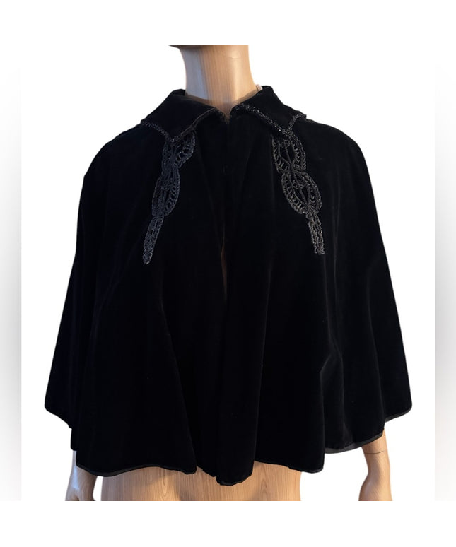 Antique 1890s black caplet, Victorian French Micro Bead mourning cape Velvet