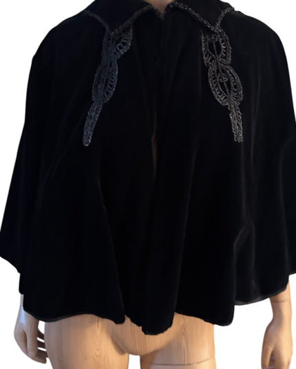 Antique 1890s black caplet, Victorian French Micro Bead mourning cape Velvet