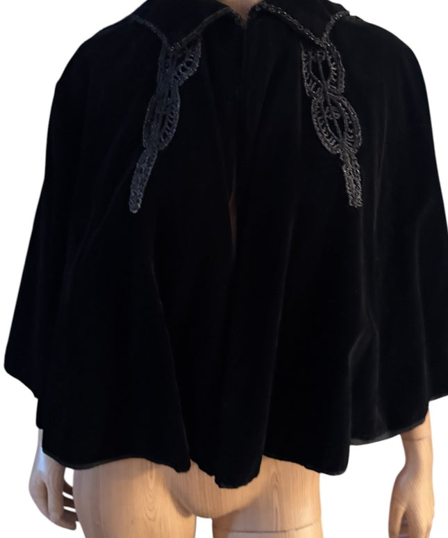 Antique 1890s black caplet, Victorian French Micro Bead mourning cape Velvet