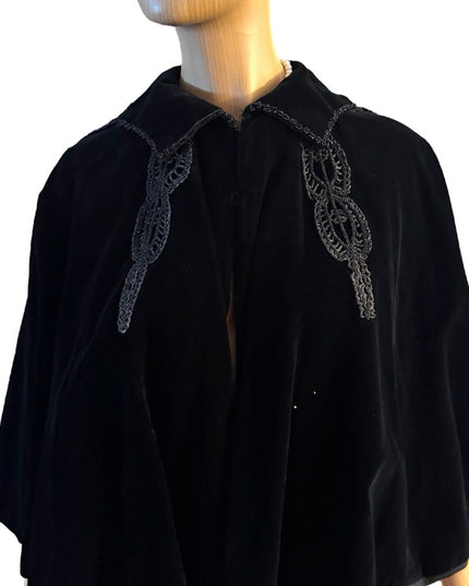 Antique 1890s black caplet, Victorian French Micro Bead mourning cape Velvet