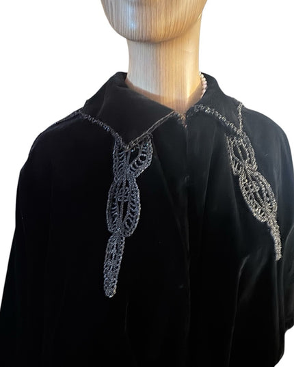 Antique 1890s black caplet, Victorian French Micro Bead mourning cape Velvet