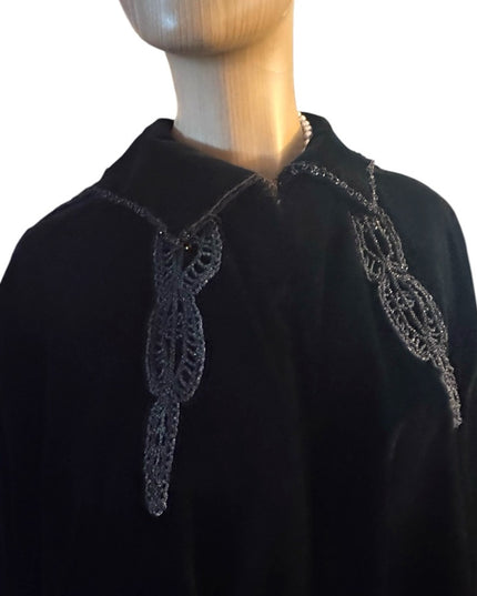 Antique 1890s black caplet, Victorian French Micro Bead mourning cape Velvet