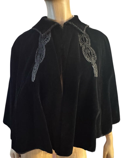 Antique 1890s black caplet, Victorian French Micro Bead mourning cape Velvet