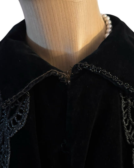 Antique 1890s black caplet, Victorian French Micro Bead mourning cape Velvet