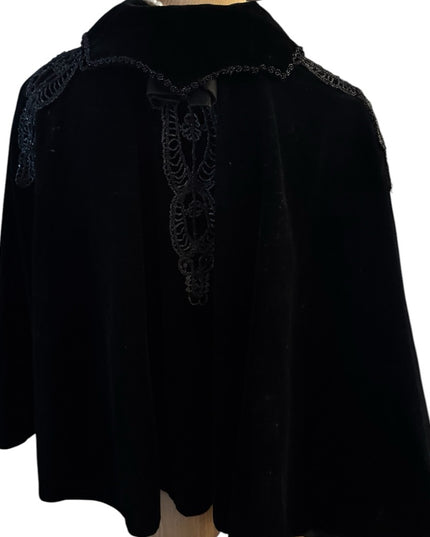 Antique 1890s black caplet, Victorian French Micro Bead mourning cape Velvet