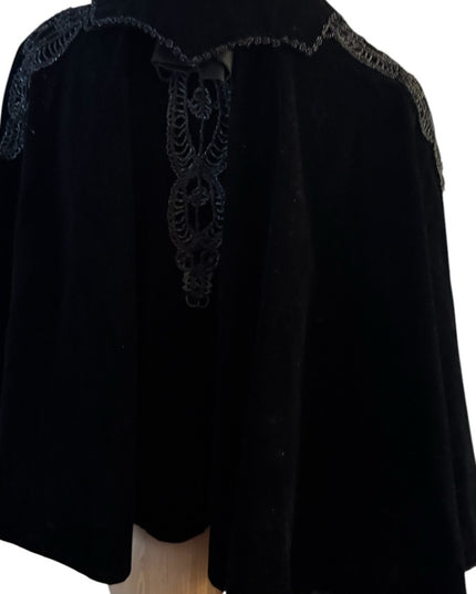 Antique 1890s black caplet, Victorian French Micro Bead mourning cape Velvet