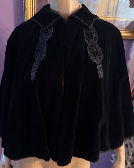 Antique 1890s black caplet, Victorian French Micro Bead mourning cape Velvet