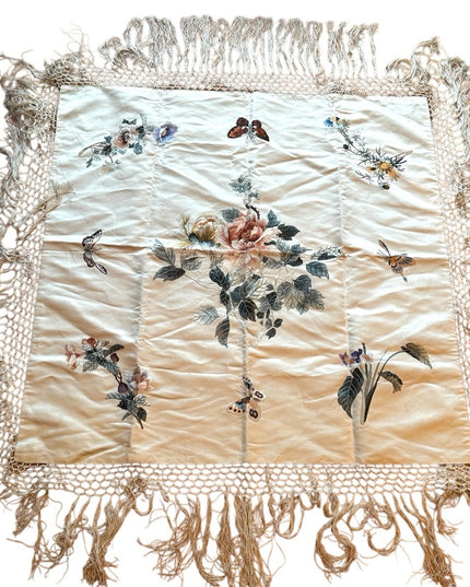 Edwardian wrap Silk cream hand embroidered boudoir Table decor fringe Antique