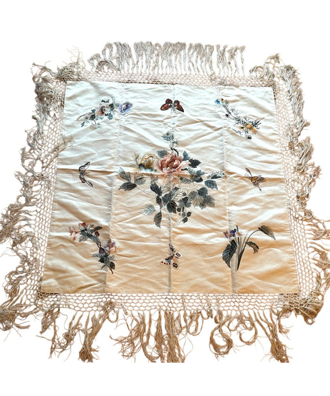 Edwardian wrap Silk cream hand embroidered boudoir Table decor fringe Antique