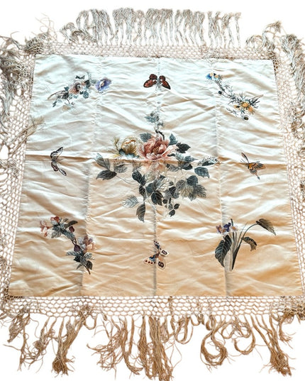 Edwardian wrap Silk cream hand embroidered boudoir Table decor fringe Antique