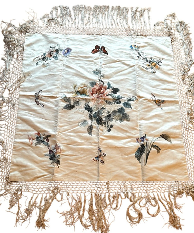 Edwardian wrap Silk cream hand embroidered boudoir Table decor fringe Antique