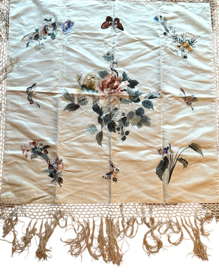 Edwardian wrap Silk cream hand embroidered boudoir Table decor fringe Antique