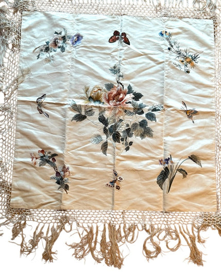 Edwardian wrap Silk cream hand embroidered boudoir Table decor fringe Antique