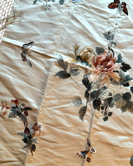 Edwardian wrap Silk cream hand embroidered boudoir Table decor fringe Antique