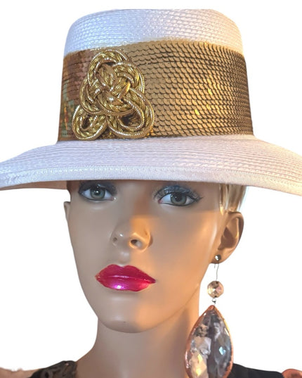 Elegant White and Gold Women's Hat Wide Rim