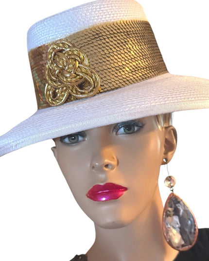 Elegant White and Gold Women's Hat Wide Rim