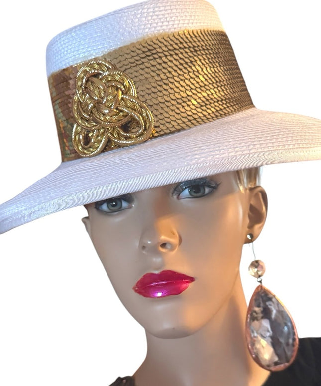 Elegant White and Gold Women's Hat Wide Rim