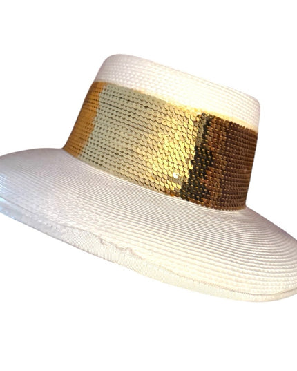 Elegant White and Gold Women's Hat Wide Rim