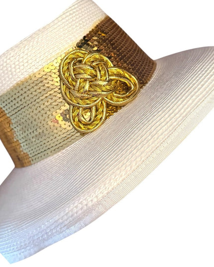 Elegant White and Gold Women's Hat Wide Rim