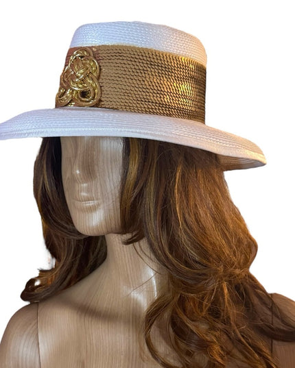 Elegant White and Gold Women's Hat Wide Rim