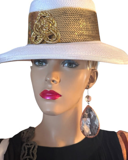 Elegant White and Gold Women's Hat Wide Rim