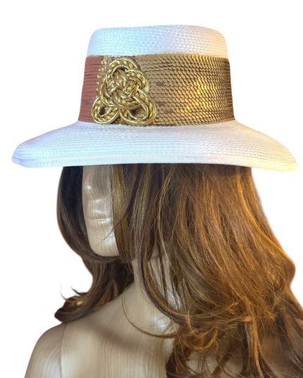 Elegant White and Gold Women's Hat Wide Rim