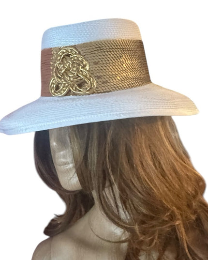 Elegant White and Gold Women's Hat Wide Rim