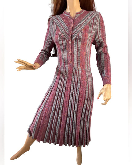 Elegant Vintage Pink and Gray Striped Tricoville Sweater Pleated 1970s Dress